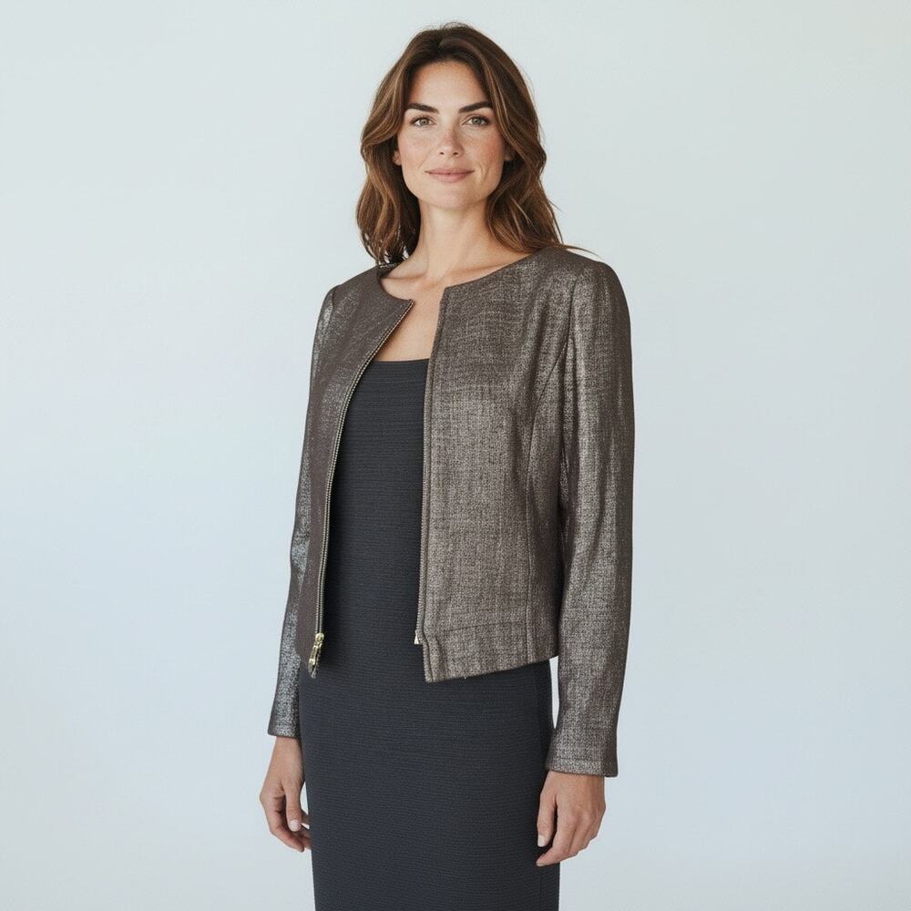 NWT Linda Allard Ellen Tracy 2 Petite brown Metallic Tweed zip cropped blazer